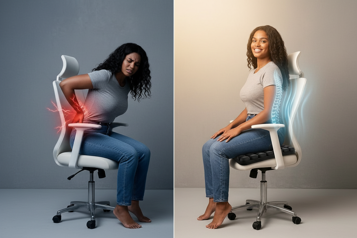 Avant après coussin DosZen — soulagement douleur dos et coccyx